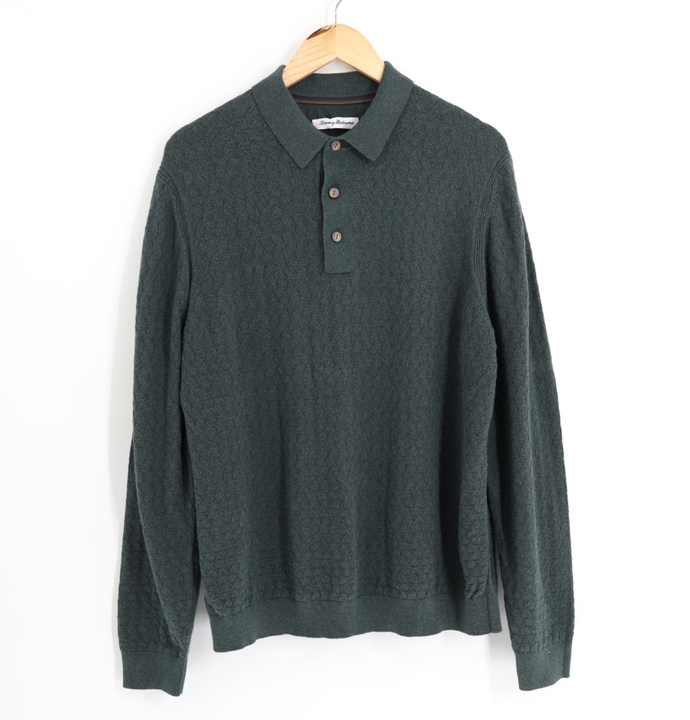 Tommy Bahama Capital Cable Sweater Polo Textured Sz L Cotton Cashmere Blend